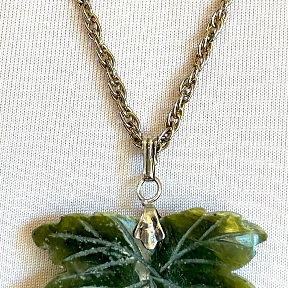 Natural Nephrite Green Jade Maple Leaf Charm Pendent on Silver Tone Chain - Picture 4 of 5